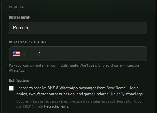 ScoriGame opt-in checkbox: I agree to receive SMS & WhatsApp messages from ScoriGame — login codes, two-factor authentication, and game updates like daily standings.